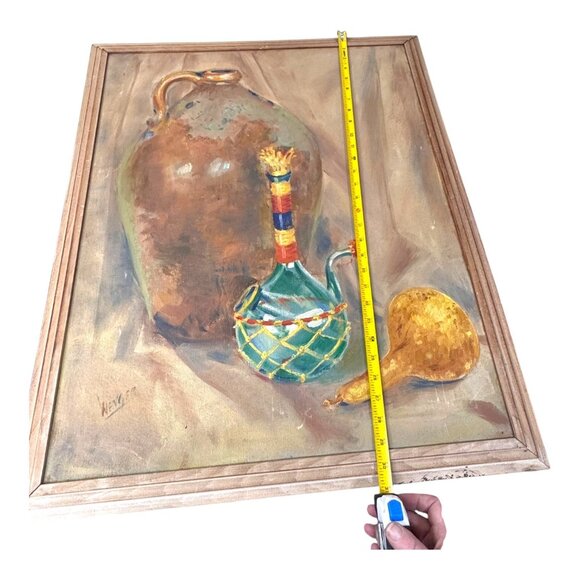 Signed Still Life Painting Rustic Pottery Jug Chianti Wine Bottle Artistic READ - Picture 8 of 10